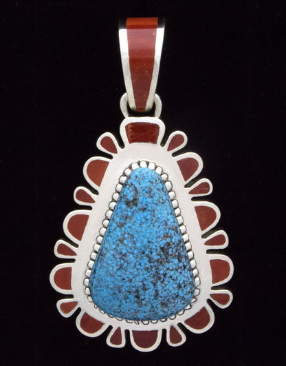 High Grade Natural Black Web Kingman Turquoise & Coral Inlay Pendant