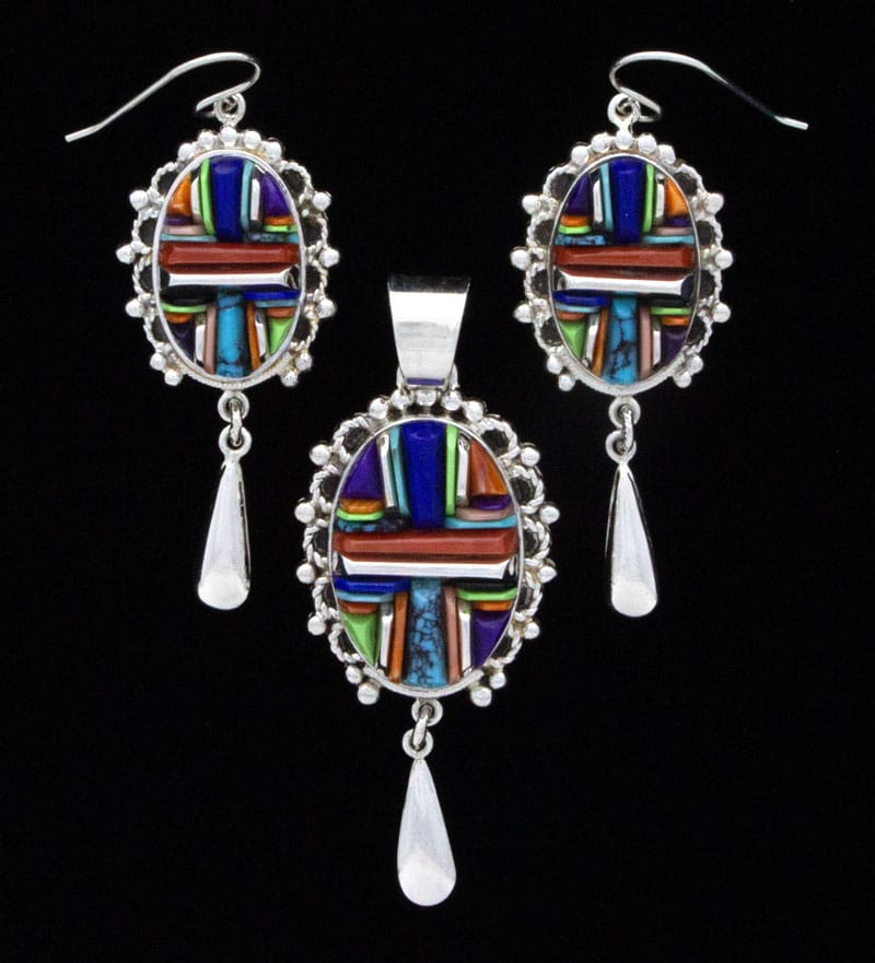 Multi-Color Inlay Pendant And Earrings Set