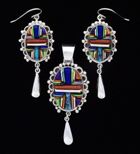 Multi-Color Inlay Pendant And Earrings Set