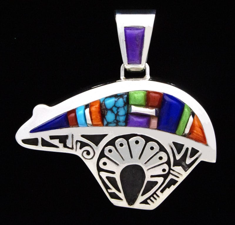 Reversible Multi-Color Raised Cobblestone Inlay Bear Pendant With Sterling Overlay Design