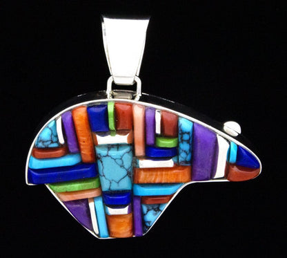 Reversible Multi-Color Raised Cobblestone Inlay Bear Pendant With Sterling Overlay Design