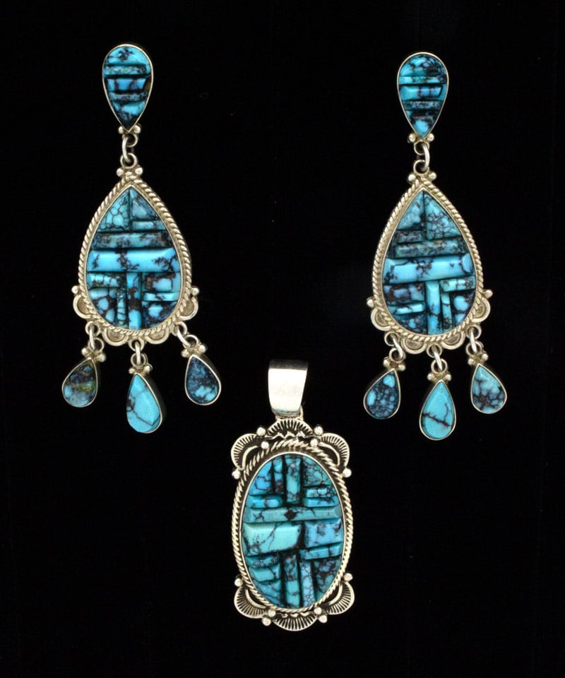 High Grade Natural Cloud Mountain Turquoise Raised Cobblestone Inlay Pendant & Earrings Set