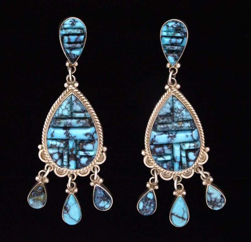 High Grade Natural Cloud Mountain Turquoise Raised Cobblestone Inlay Pendant & Earrings Set