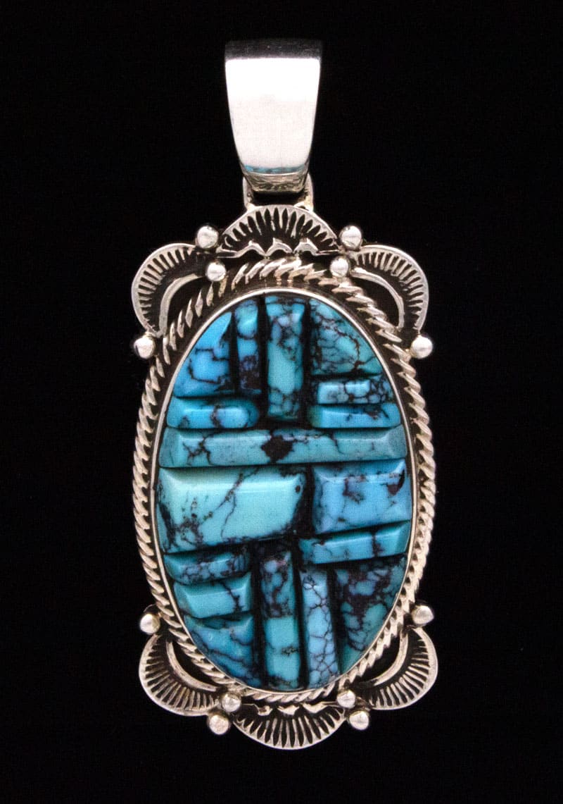 High Grade Natural Cloud Mountain Turquoise Raised Cobblestone Inlay Pendant & Earrings Set