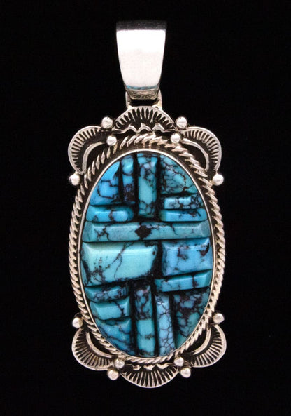 High Grade Natural Cloud Mountain Turquoise Raised Cobblestone Inlay Pendant & Earrings Set