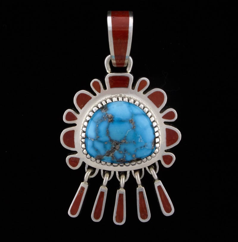 High Grade Natural Kingman Turquoise With Coral Inlay Pendant