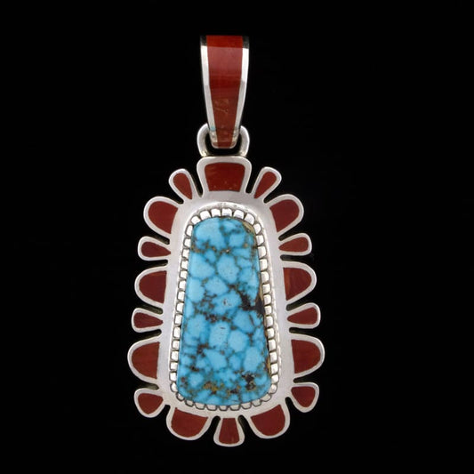 High Grade Natural Birdseye Kingman Turquoise & Coral Inlay Pendant