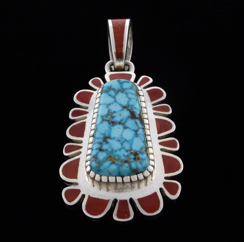 High Grade Natural Birdseye Kingman Turquoise & Coral Inlay Pendant