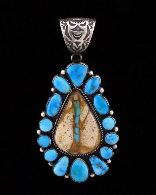 Natural Royston Boulder Turquoise Pendant With Natural Blue Ridge Turquoise Surround