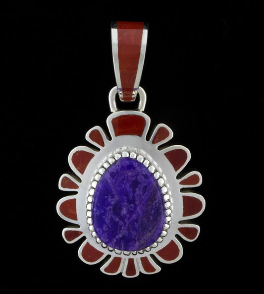 High Grade Natural Sugilite With Coral Inlay Pendant