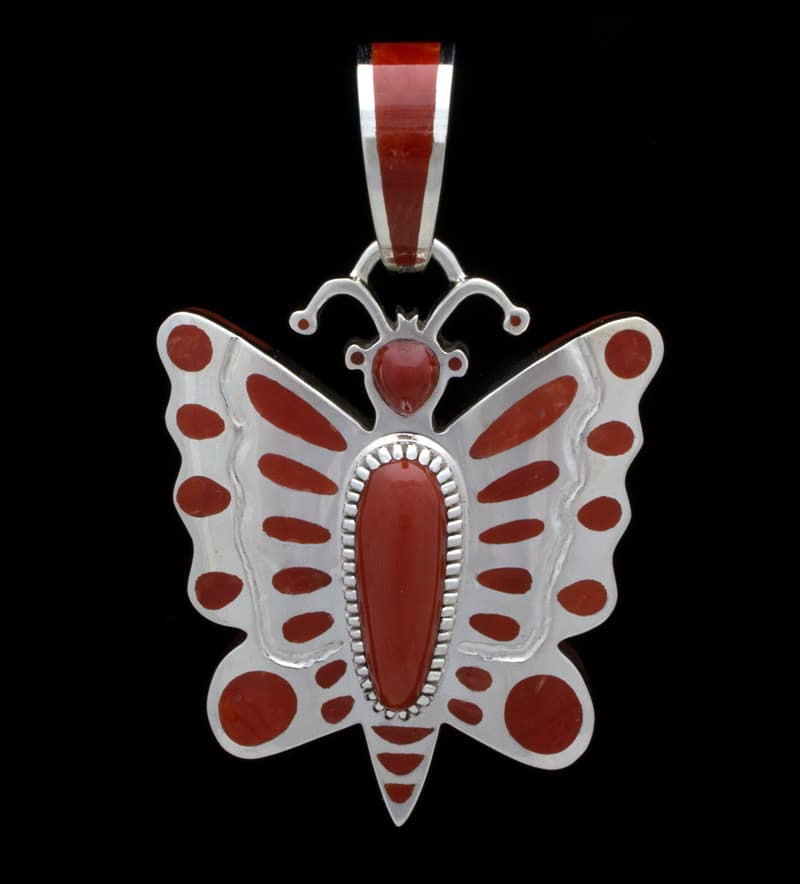 High Grade Natural Mediterranean Coral Inlay Butterfly Pendant