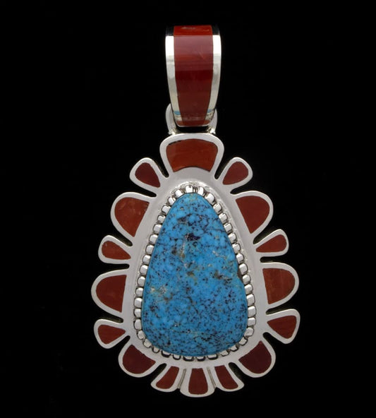 High Grade Natural Kingman Turquoise With Coral Inlay Pendant