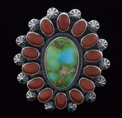 Sonoran Gold Turquoise Ring With Coral Surround