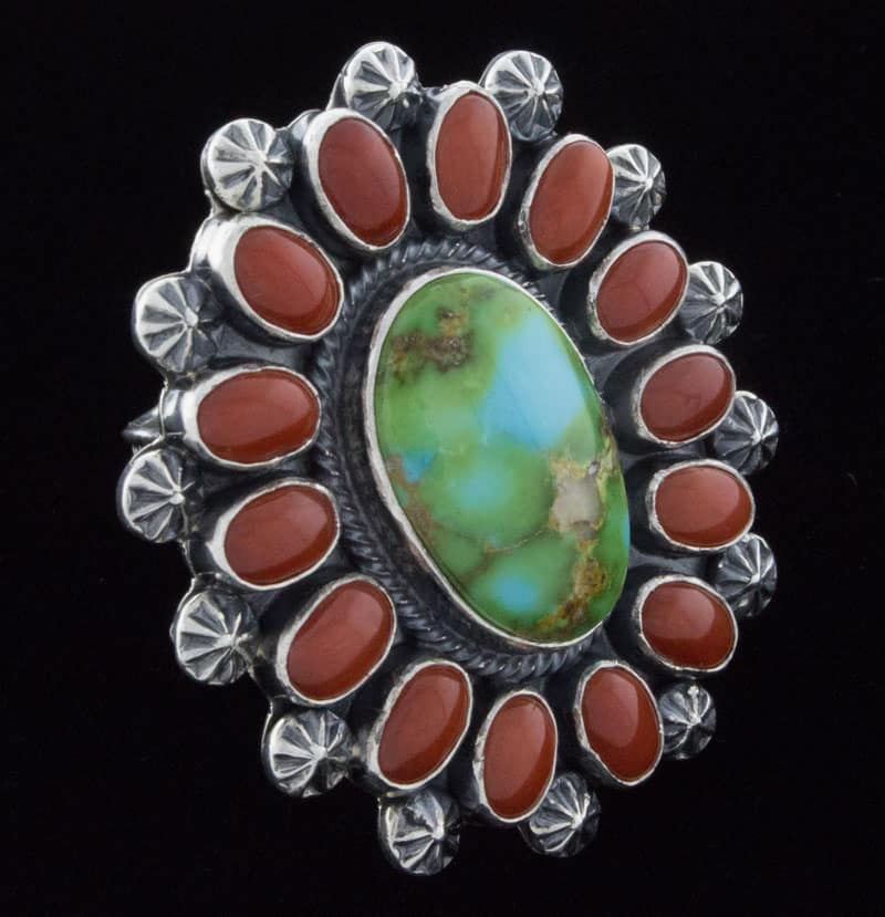 Sonoran Gold Turquoise Ring With Coral Surround