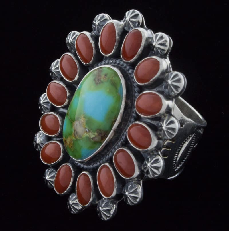 Sonoran Gold Turquoise Ring With Coral Surround