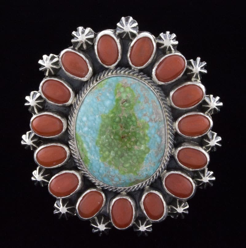 Sonoran Gold Turquoise Ring With Coral Surround