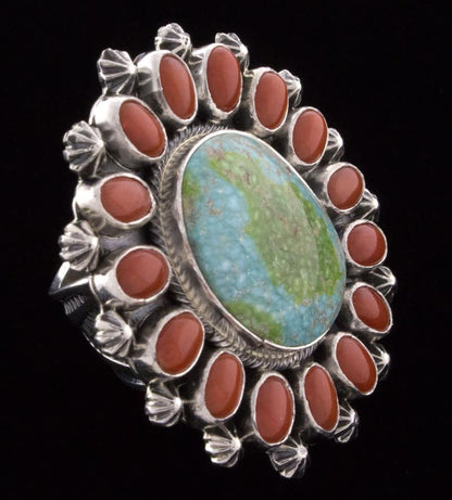 Sonoran Gold Turquoise Ring With Coral Surround