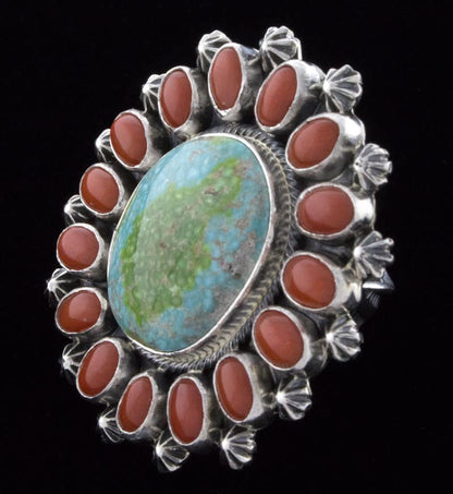 Sonoran Gold Turquoise Ring With Coral Surround