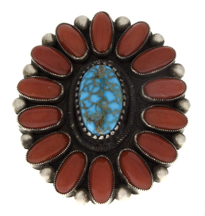 Natural Birdseye Kingman Turquoise Ring With Coral Surround