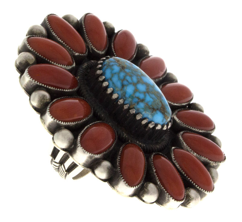 Natural Birdseye Kingman Turquoise Ring With Coral Surround