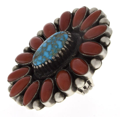 Natural Birdseye Kingman Turquoise Ring With Coral Surround