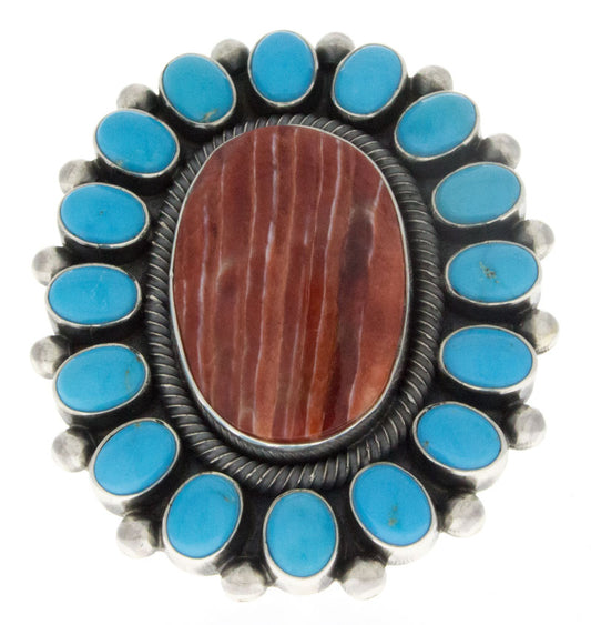 Bague déclaration en huître épineuse rouge avec un entourage en turquoise Sleeping Beauty naturelle