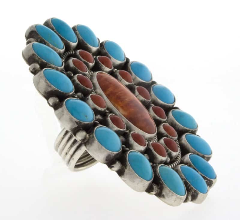 Orange Spiny Oyster Statement Ring With Coral & Sleeping Beauty Turquoise Surround