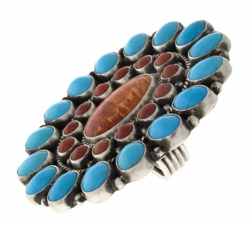 Orange Spiny Oyster Statement Ring With Coral & Sleeping Beauty Turquoise Surround