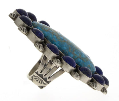 Natural Kingman Turquoise Statement Ring With Natural Lapis Surround