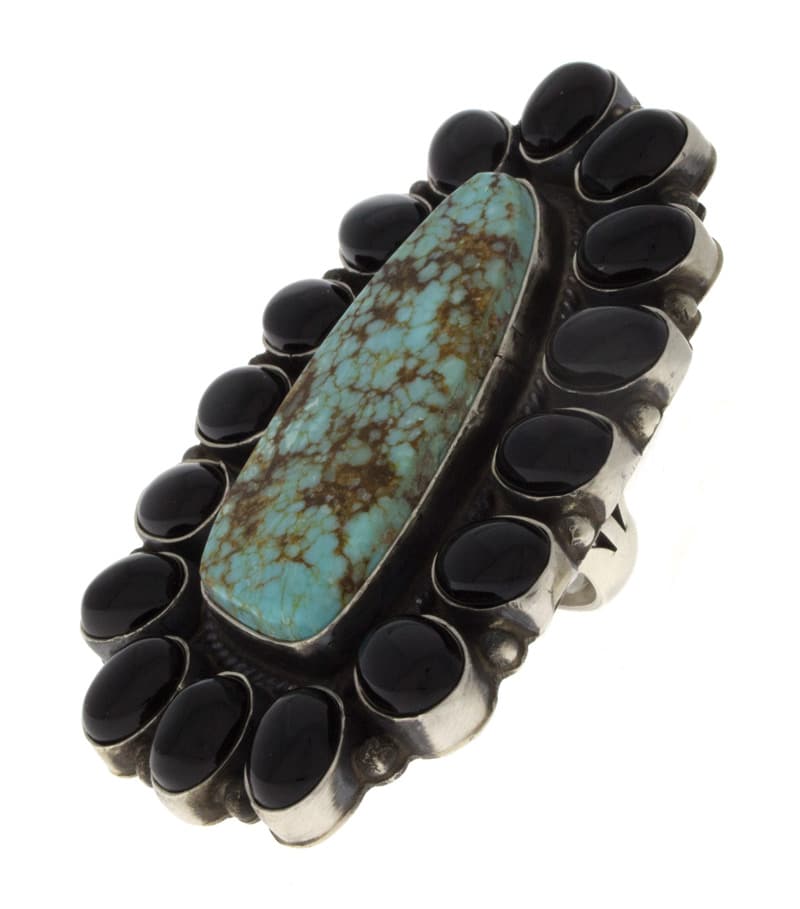 #8 Bague de déclaration turquoise avec entourage en onyx noir