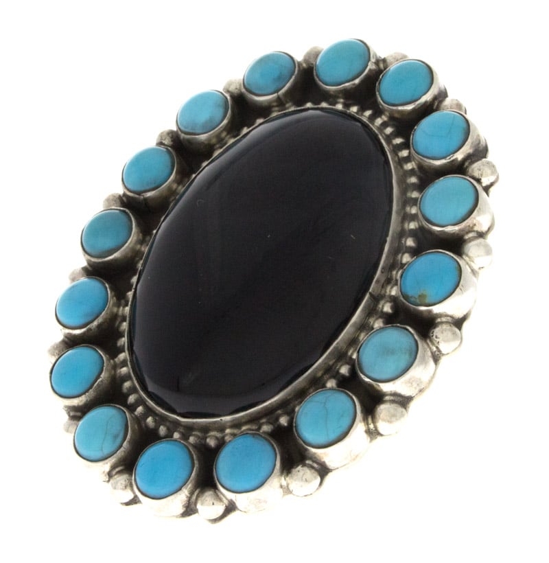 Schwarzer Onyx Statement-Ring mit Kingman-Türkis-Rand