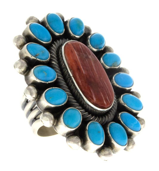 Bague en huître épineuse rouge avec un entourage en turquoise Sleeping Beauty naturelle