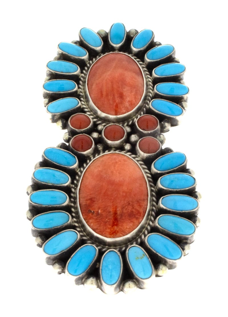 Red/Orange Spiny Oyster Statement Ring With Kingman Turquoise & Coral Surround