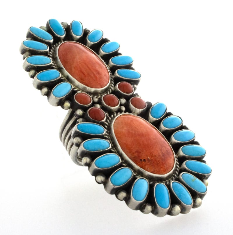 Red/Orange Spiny Oyster Statement Ring With Kingman Turquoise & Coral Surround