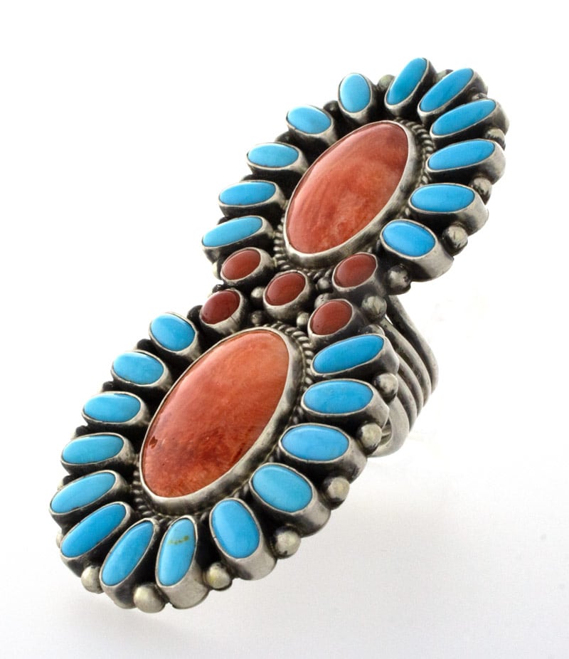 Red/Orange Spiny Oyster Statement Ring With Kingman Turquoise & Coral Surround