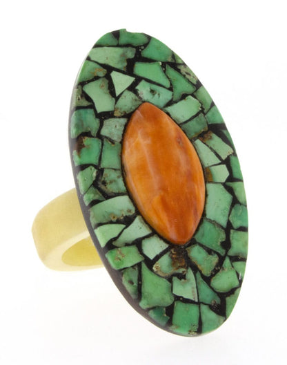 Bague en os d'élan avec incrustation d'huître épineuse orange et turquoise naturel de Carico Lake.