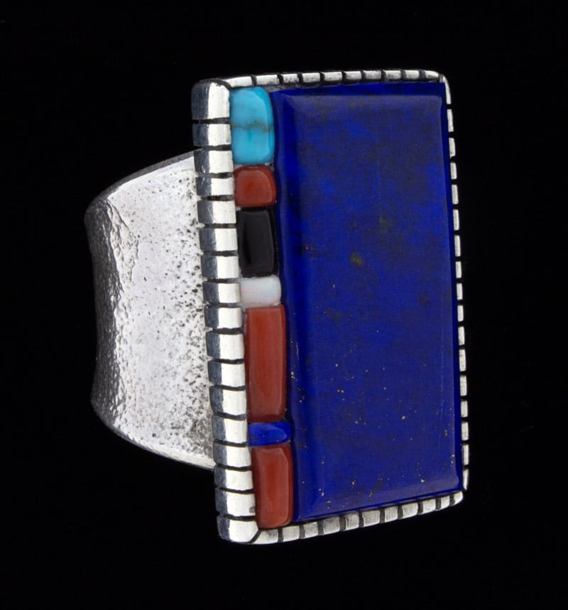 Bague en Lapis Naturel Tufa Cast avec Incrustation Latérale en Pavé Multicolore Surélevé