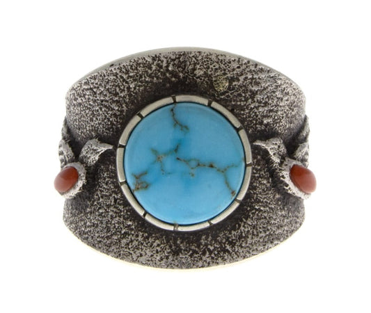 Tufa Cast Barn Swallow Ring With Natural Lone Mountain Turquoise &  Coral