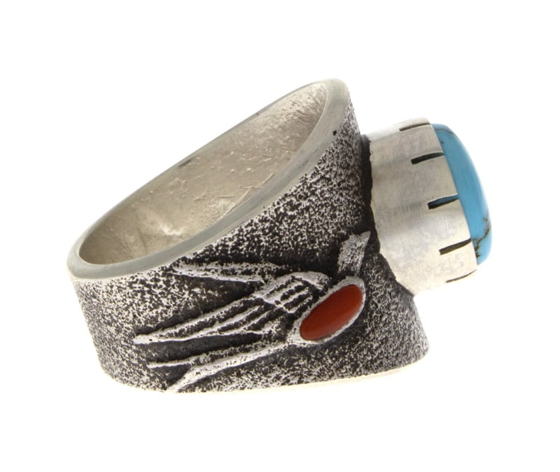 Tufa Cast Barn Swallow Ring With Natural Lone Mountain Turquoise &  Coral