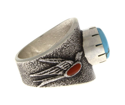 Tufa Cast Barn Swallow Ring With Natural Lone Mountain Turquoise &  Coral