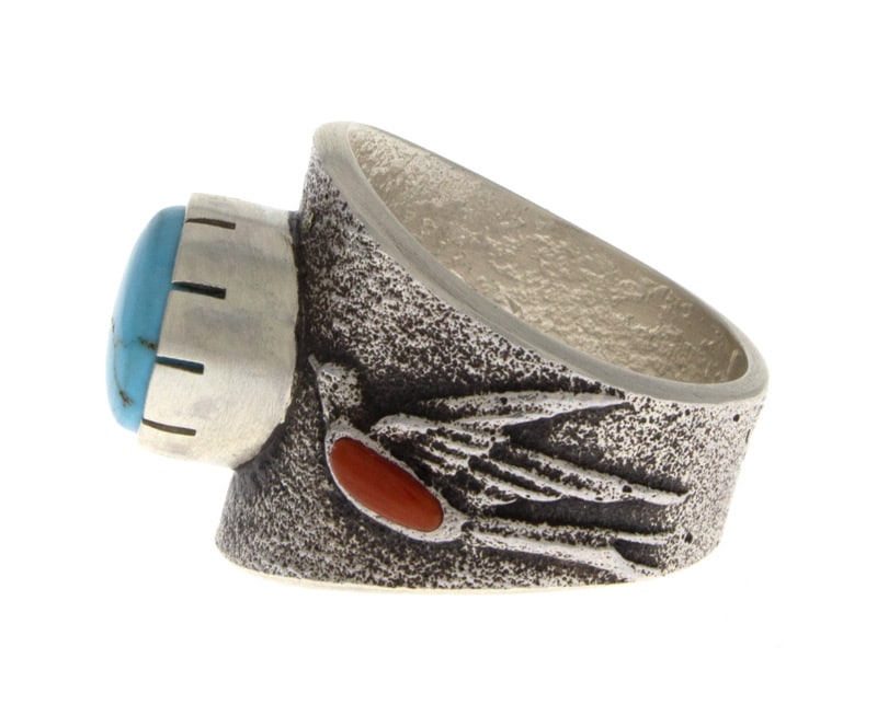 Tufa Cast Barn Swallow Ring With Natural Lone Mountain Turquoise &  Coral