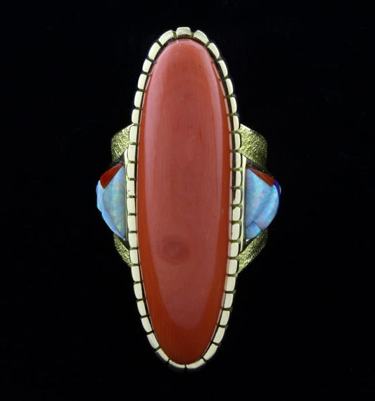 Bague de déclaration en or massif 18K Tufa Cast avec corail saumon naturel de haute qualité et design en marqueterie