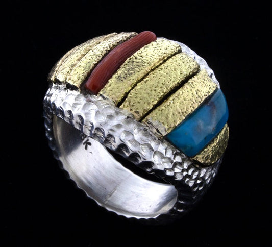 18K Gold, Coral & Turquoise Raised Inlay Bar Ring