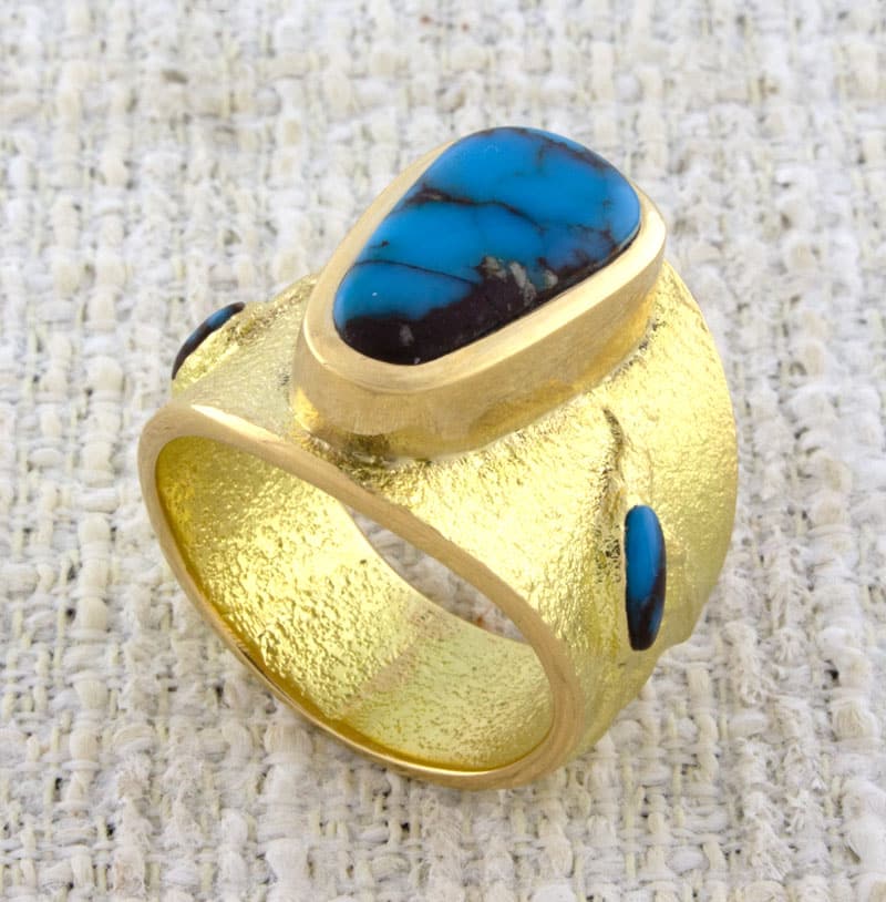 Tufa Cast Solid 18K Gold Ring With High Grade Natural Bisbee Turquoise