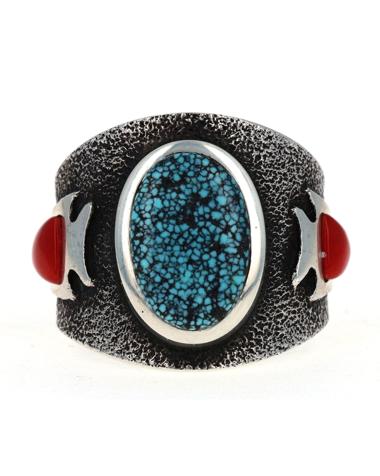 Tufa Cast Natural Nevada Black Widow Turquoise Ring With Natural Mediterranean Coral