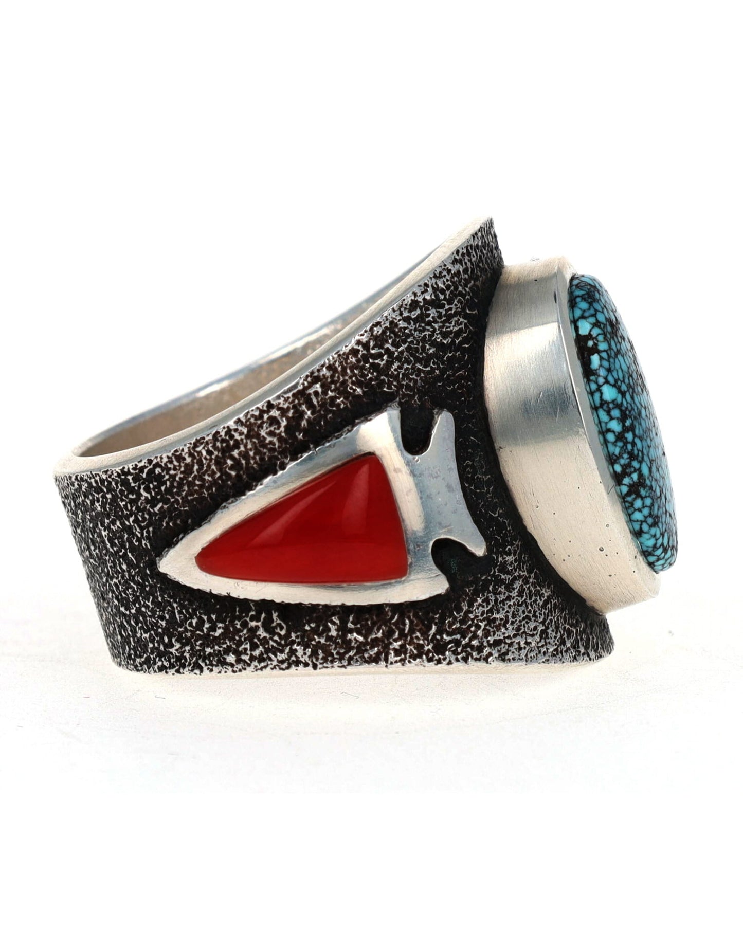 Tufa Cast Natural Nevada Black Widow Turquoise Ring With Natural Mediterranean Coral