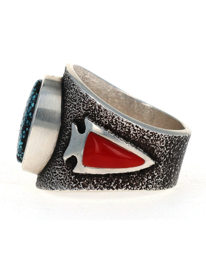 Tufa Cast Natural Nevada Black Widow Turquoise Ring With Natural Mediterranean Coral