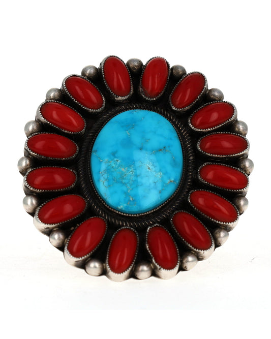 Kingman Turquoise Ring With Coral Surround