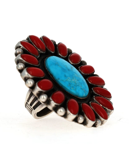 Kingman Turquoise Ring With Coral Surround