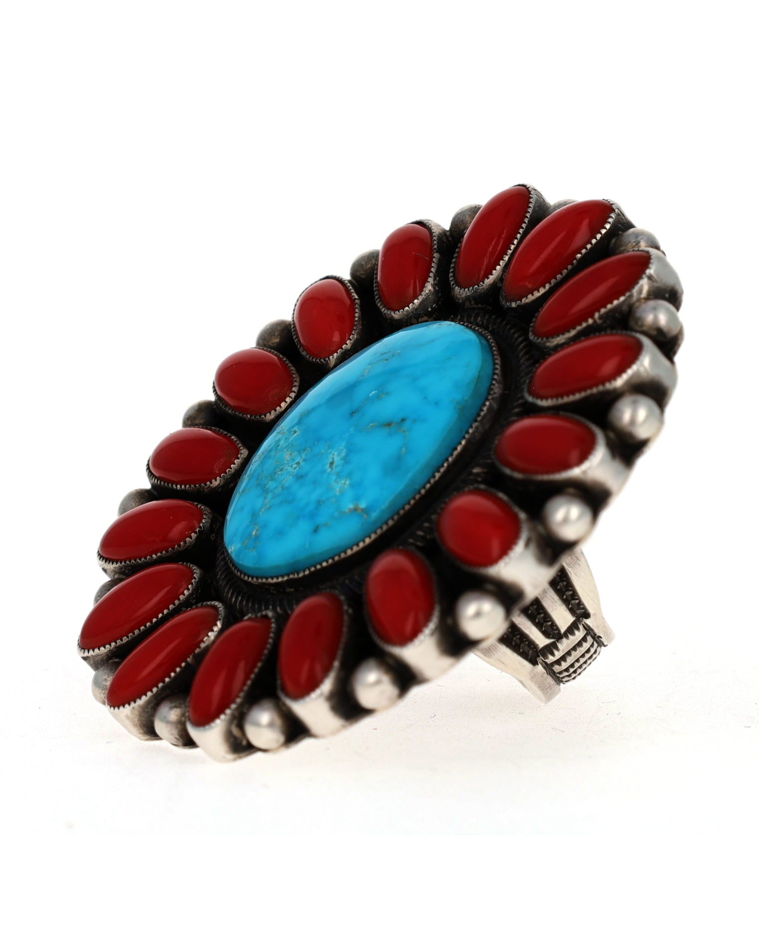 Kingman Turquoise Ring With Coral Surround